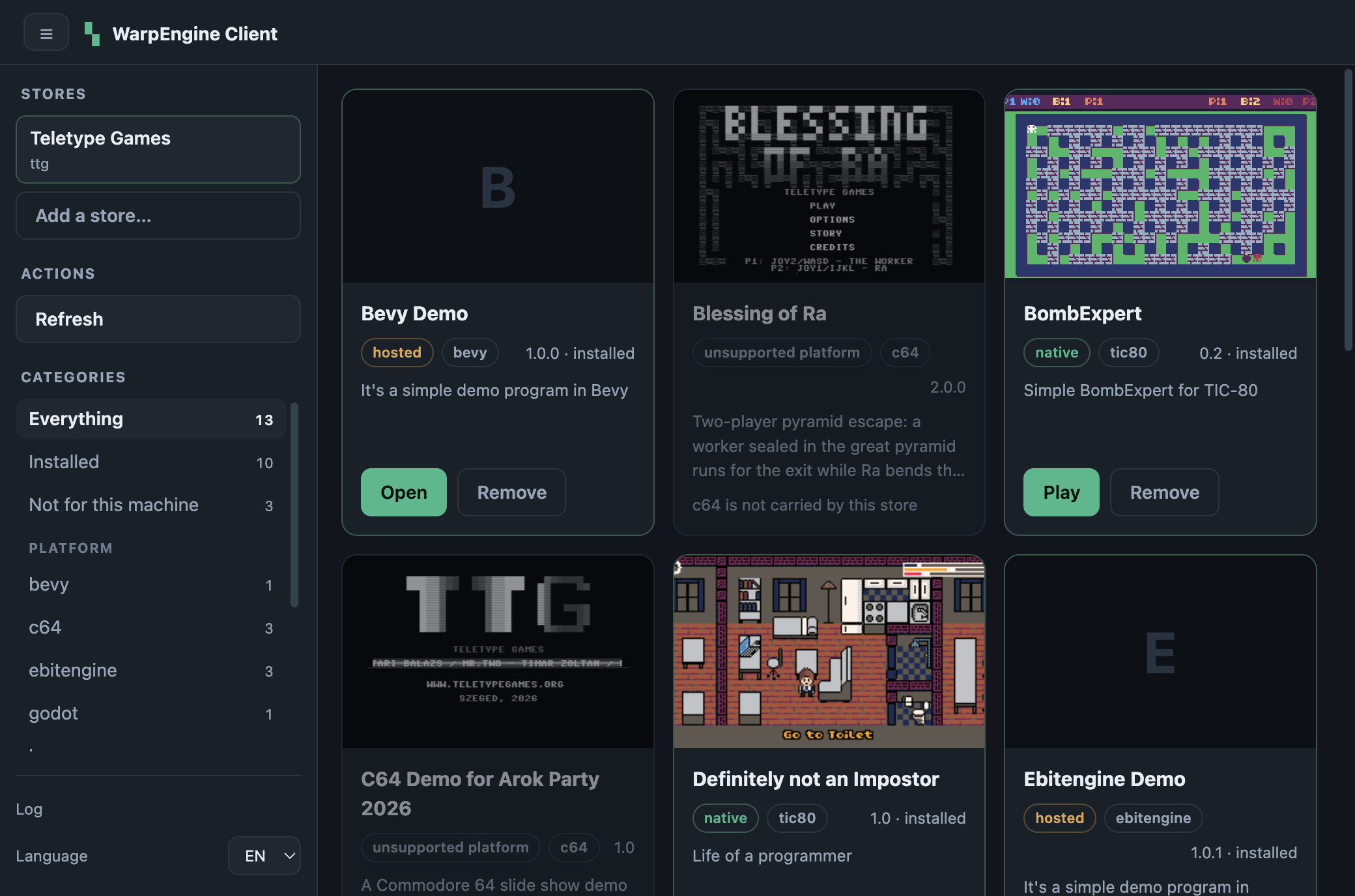 The WarpEngine Client window: the store picker and the category filters on the left, the catalog as a grid of game cards on the right